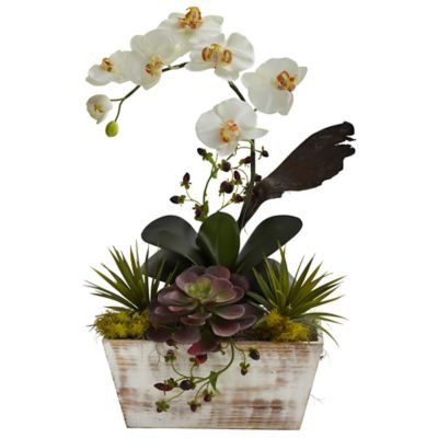 Nearly Natural 21 in. Faux Orchid and Succulent Garden in White Wash Planter