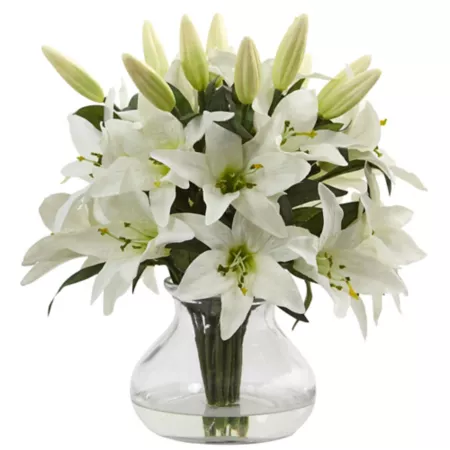 Nearly Natural 13.5 in Lily Silk Arrangement in Glass Vase Artificial Plants & Flowers