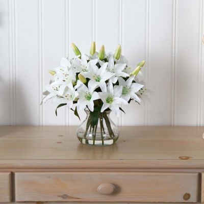 Image showing  13.5 in. Silk Lily Arrangement in Glass Vase