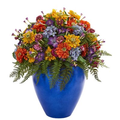 Nearly Natural 24 in. Artificial Giant Mixed Floral Arrangement in Blue Vase