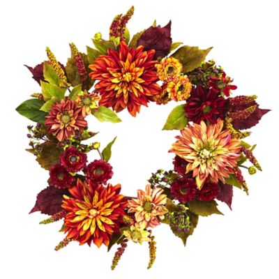 Nearly Natural 22 in. Autumn Beauty Dahlia and Mum Artificial Wreath