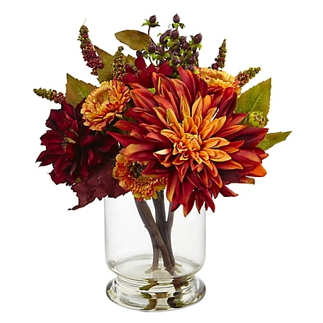 Nearly Natural 12 in. Dahlia and Mum Arrangement with Vase