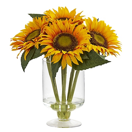 Nearly Natural 12 in. Sunflower Artificial Arrangement in Glass Vase