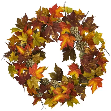 Nearly Natural 24" Artificial Maple and Pinecone Fall Wreath Artificial Plants & Flowers