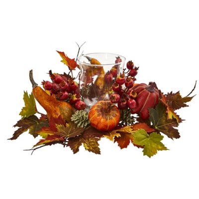 Nearly Natural 8 in. Artificial Pumpkin Candelabrum with Pumpkins, Gourds, Berries and Maple Leaves
