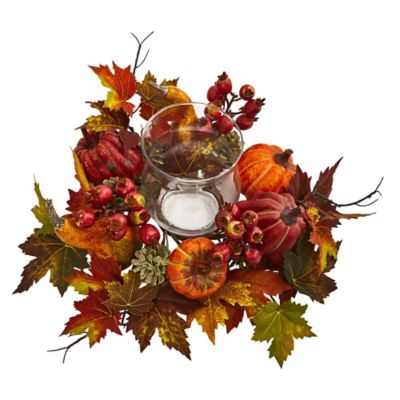 Image showing  Artificial Pumpkin Candelabrum with Pumpkins, Gourds, Berries and Maple Leaves, 8 in.