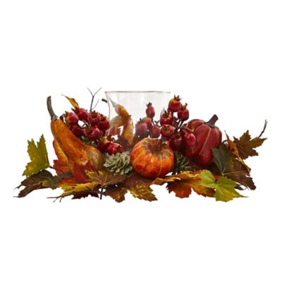 Image showing  Artificial Pumpkin Candelabrum with Pumpkins, Gourds, Berries and Maple Leaves, 8 in.