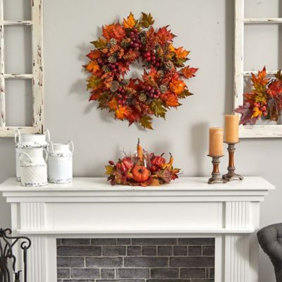 Image showing  Artificial Pumpkin Candelabrum with Pumpkins, Gourds, Berries and Maple Leaves, 8 in.