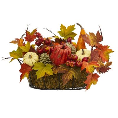 Nearly Natural 9 in. Artificial Pumpkin Arrangement with Pumpkins, Gourds, Berries and Maple Leaves