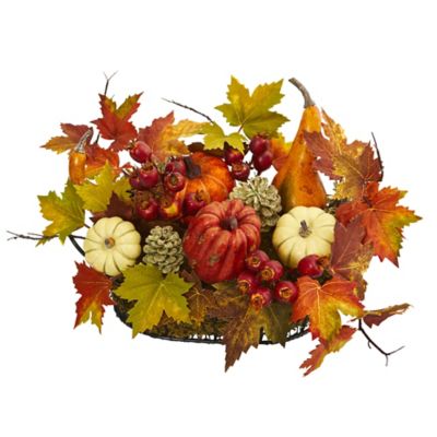 Image showing  Artificial Pumpkin Arrangement with Pumpkins, Gourds, Berries and Maple Leaves, 9 in.