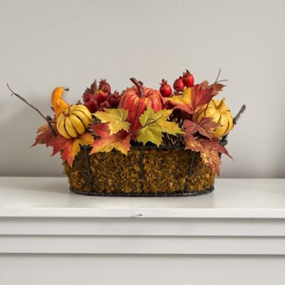 Image showing  Artificial Pumpkin Arrangement with Pumpkins, Gourds, Berries and Maple Leaves, 9 in.
