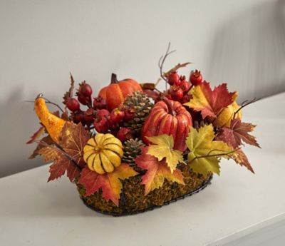Image showing  Artificial Pumpkin Arrangement with Pumpkins, Gourds, Berries and Maple Leaves, 9 in.