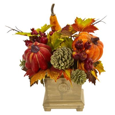 Nearly Natural 11 in. Artificial Pumpkin Arrangement with Pumpkins, Gourds, Berries and Maple Leaves