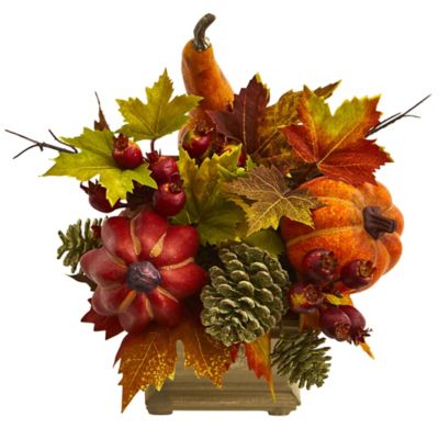 Image showing  11 in. Artificial Pumpkin Arrangement with Pumpkins, Gourds, Berries and Maple Leaves