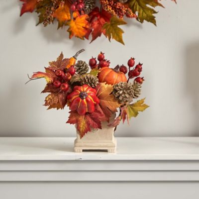 Image showing  11 in. Artificial Pumpkin Arrangement with Pumpkins, Gourds, Berries and Maple Leaves