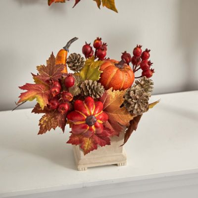 Image showing  11 in. Artificial Pumpkin Arrangement with Pumpkins, Gourds, Berries and Maple Leaves