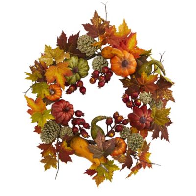 Nearly Natural 24 in. Pumpkin, Gourd, Berry and Maple Leaf Artificial Fall Wreath