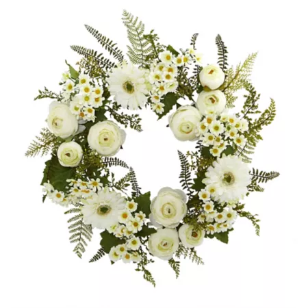 Nearly Natural 24 in Artificial Mixed Daisies and Ranunculus Wreath Artificial Plants & Flowers