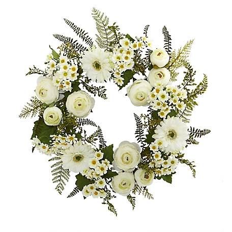 Nearly Natural 24 in. Mixed Daisies and Ranunculus Artificial Wreath