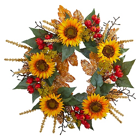 Nearly Natural 27 in. Sunflower and Berry Artificial Wreath
