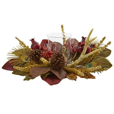 Nearly Natural 19 in. Faux Magnolia Candelabrum Arrangement with Berries, Antler and Peacock Feathers