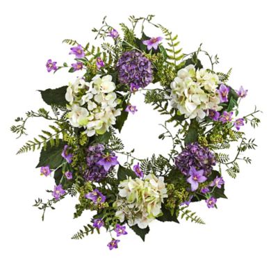 Nearly Natural 24 in. Hydrangea and Berry Faux Wreath