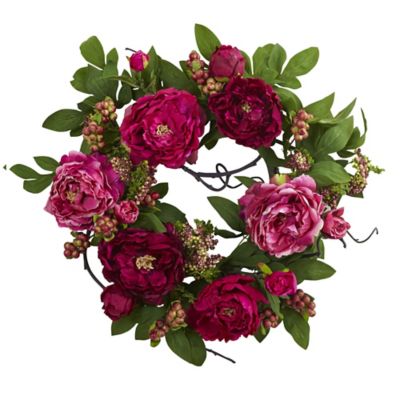 Nearly Natural 20 in. Artificial Peony and Berry Wreath