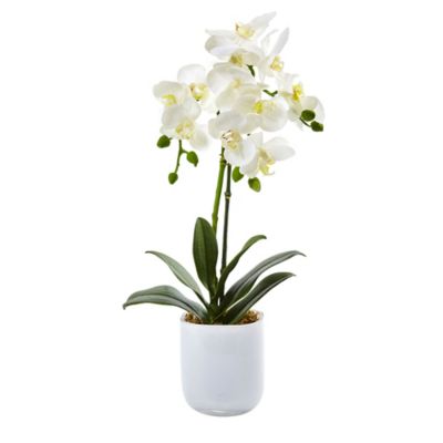 Nearly Natural 18.5 in. Faux Phalaenopsis Arrangement in Frosted Glass Planter