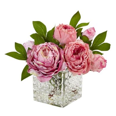 Nearly Natural 10 in. Faux Peony Arrangement in Square Glass Vase