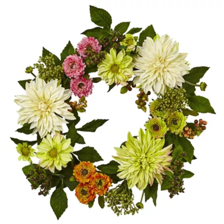 Nearly Natural 22 in Fake Dahlia Mom Wreath Artificial Plants & Flowers