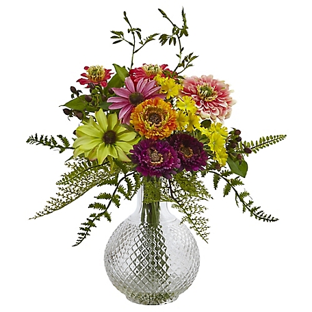 Nearly Natural 11 in. Faux Mixed Flowers in Glass Vase