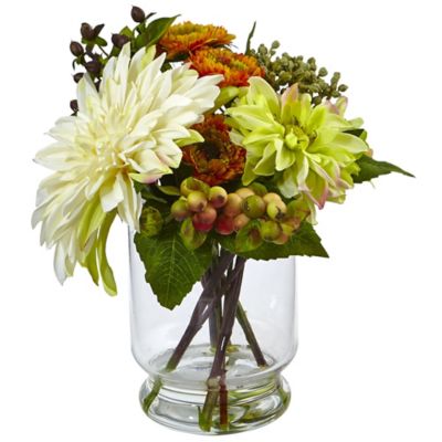 Nearly Natural 10.5 in. Faux Dahlia Arrangement with Mum and Glass Vase