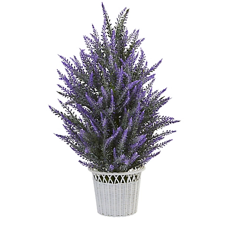 Nearly Natural 22 in. Faux Lavender in White Wicker Planter
