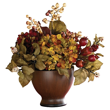 Nearly Natural 12 in. Autumn Hydrangea Arrangement with Round Vase