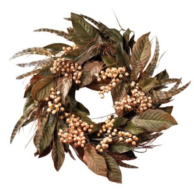 Nearly Natural 24 in. Artificial Feather and Berry Wreath