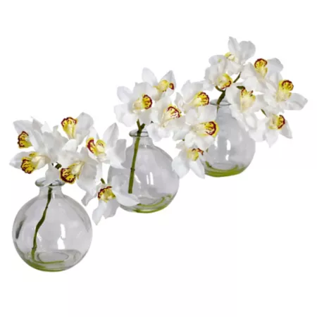 Nearly Natural 8 in Silk Cymbidium Flower Arrangement with Vase Pack of 3 Artificial Plants & Flowers