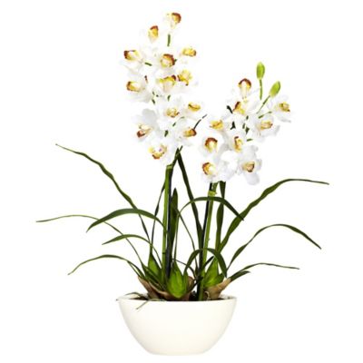 Nearly Natural 30 in. Cymbidium Silk Flower Arrangement with White Vase