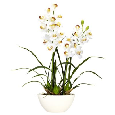 Nearly Natural 30 in. Silk Cymbidium Flower Arrangement in White Vase