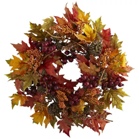 Nearly Natural 24" Artificial Maple and Berry Wreath Artificial Plants & Flowers