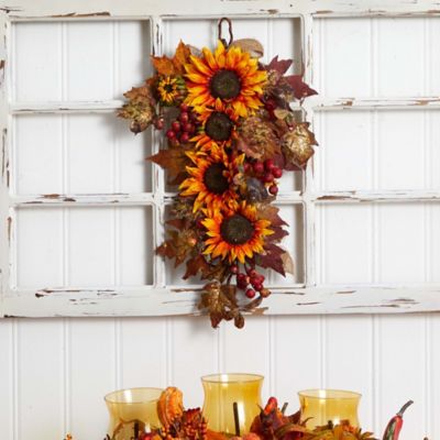 Image showing  24 in. Artificial Sunflower and Berry Teardrop Wall Decor