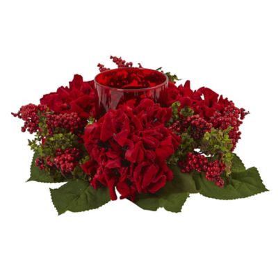 Nearly Natural 14 in. Artificial Hydrangea Candelabrum with Faux Berries