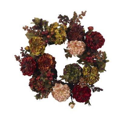 Nearly Natural 22 in. Autumn Hydrangea Peony Artificial Wreath