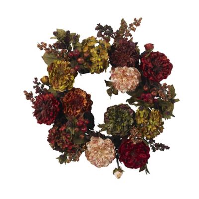 Nearly Natural 22 in. Autumn Hydrangea Peony Artificial Wreath