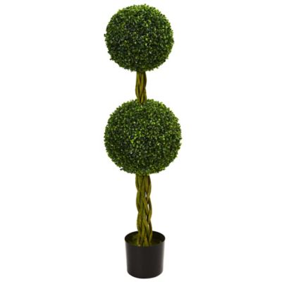 Nearly Natural 4 ft. Artificial Indoor/Outdoor UV-Resistant Boxwood Double Ball Tree with Woven Trunk