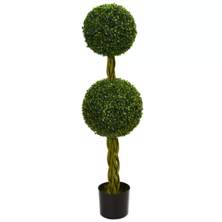 Nearly Natural 4' Indoor/Outdoor UV Resistant Boxwood Double Ball Artificial Tree with Woven Trunk Artificial Plants & Flowers