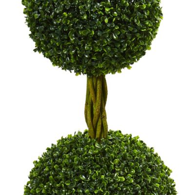 Image showing  4 ft. Artificial Indoor/Outdoor UV-Resistant Boxwood Double Ball Tree with Woven Trunk
