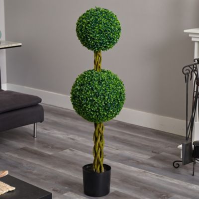 Image showing  4 ft. Artificial Indoor/Outdoor UV-Resistant Boxwood Double Ball Tree with Woven Trunk