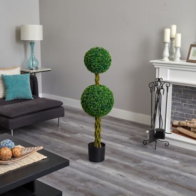 Image showing  4 ft. Artificial Indoor/Outdoor UV-Resistant Boxwood Double Ball Tree with Woven Trunk