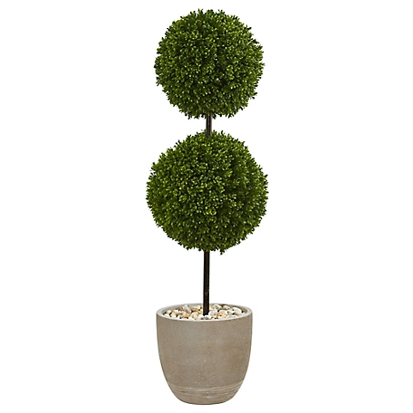 Nearly Natural 4 ft. Indoor/Outdoor UV-Resistant Boxwood Double Ball Topiary Artificial Tree in Oval Planter
