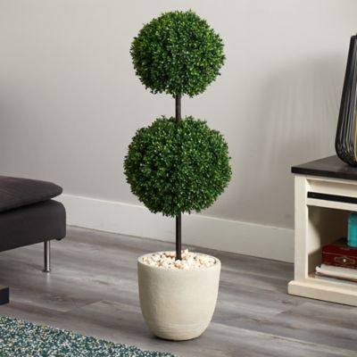 Image showing  4 ft. Artificial Indoor/Outdoor UV-Resistant Boxwood Double Ball Topiary Tree in Oval Planter